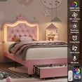 thumbnail image 4 of Homfa Twin Size Kids Bed, LED Upholstered Bed with Adjustable Crystal Button Tufted Crown Headboard, Soft PU Princess Platform Bed Frame with Storage Drawer, Pink, 4 of 8
