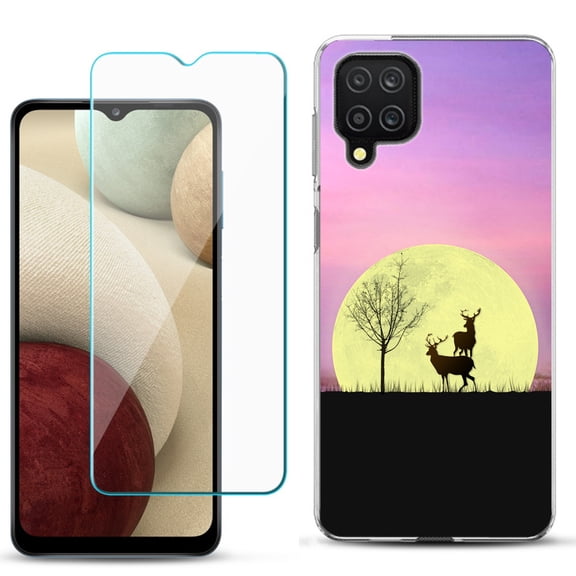 Slim-Fit Shockproof Phone Case compatible with Samsung Galaxy A12, with Tempered Glass Screen Protector, by OneToughShield ® - Moonlight Deer