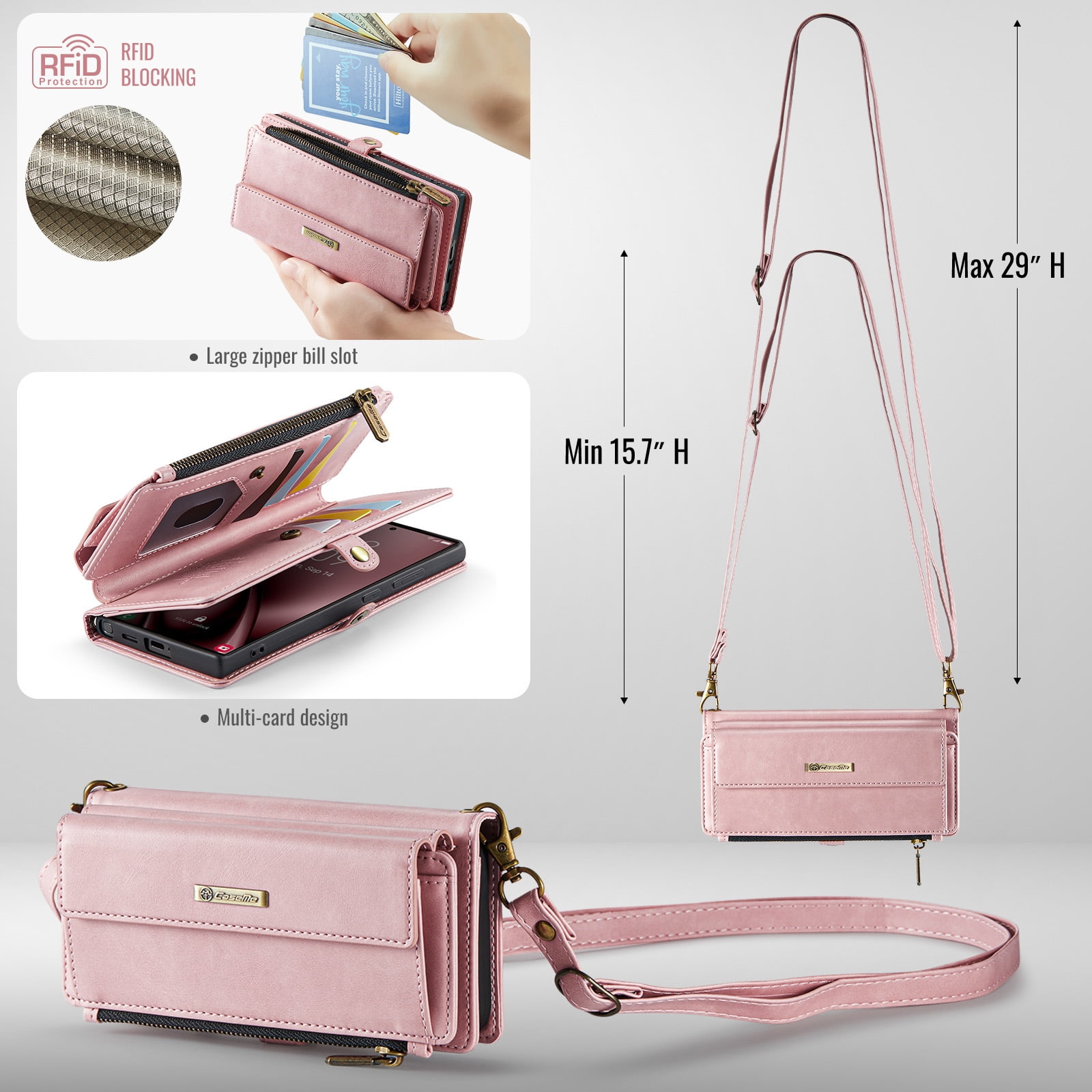 Decase Wallet Case for Samsung Galaxy S25 Ultra,Magnetic Flip Zipper Pocket PU Leather Phone Cover,Crossbody Flip Cover with RFID Card Slots,Pink
