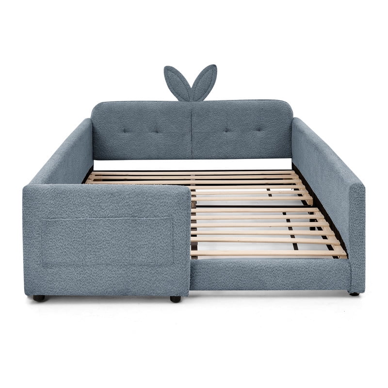 Full Size Upholstered Platform Bed with Rabbit Ear Shaped Headboard, Boucle Fabric Kids Bed with Side Pockets and Safety Guardrail, Space-Saving Corner Bed for Girls, Boys, Teenager