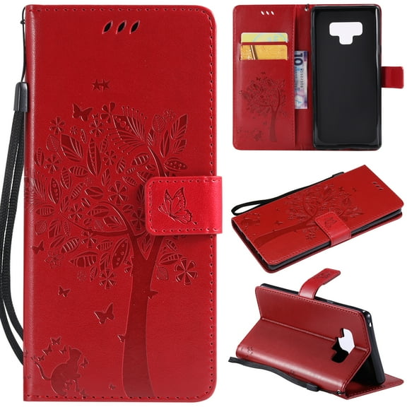 Galaxy Note 9 Wallet Case, Allytech Samsung Note 9 Edge [Embossed Cat & Tree] PU Leather Full Body Protective Case Folio Flip Stand Cover with Card Holder for Samsung Galaxy Note 9, Red