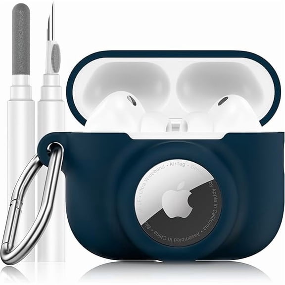 mjw001 2 in 1 Silicone Case Compatible with AirPods Pro 3 and AirTag, Shockproof Protective Case Cover for AirPods Pro 3rd Generation 2025 with Cleaner Kit & Carabiner (Dark Blue)
