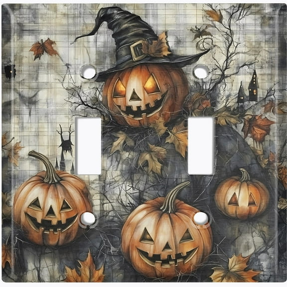 Metal Light Switch Wall Plate Outlet Cover (Printed Image of Halloween Pumpkin Witch - Double Toggle)