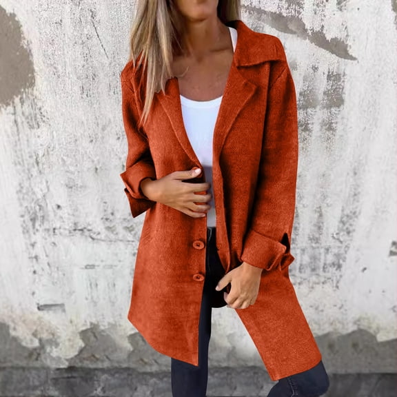 Homenesgenics Trench Coat for Women Casual Warm Buttoned Winter Coat Mid-Length Lapel Pockets Jacket Long-Sleeved Orange XXL