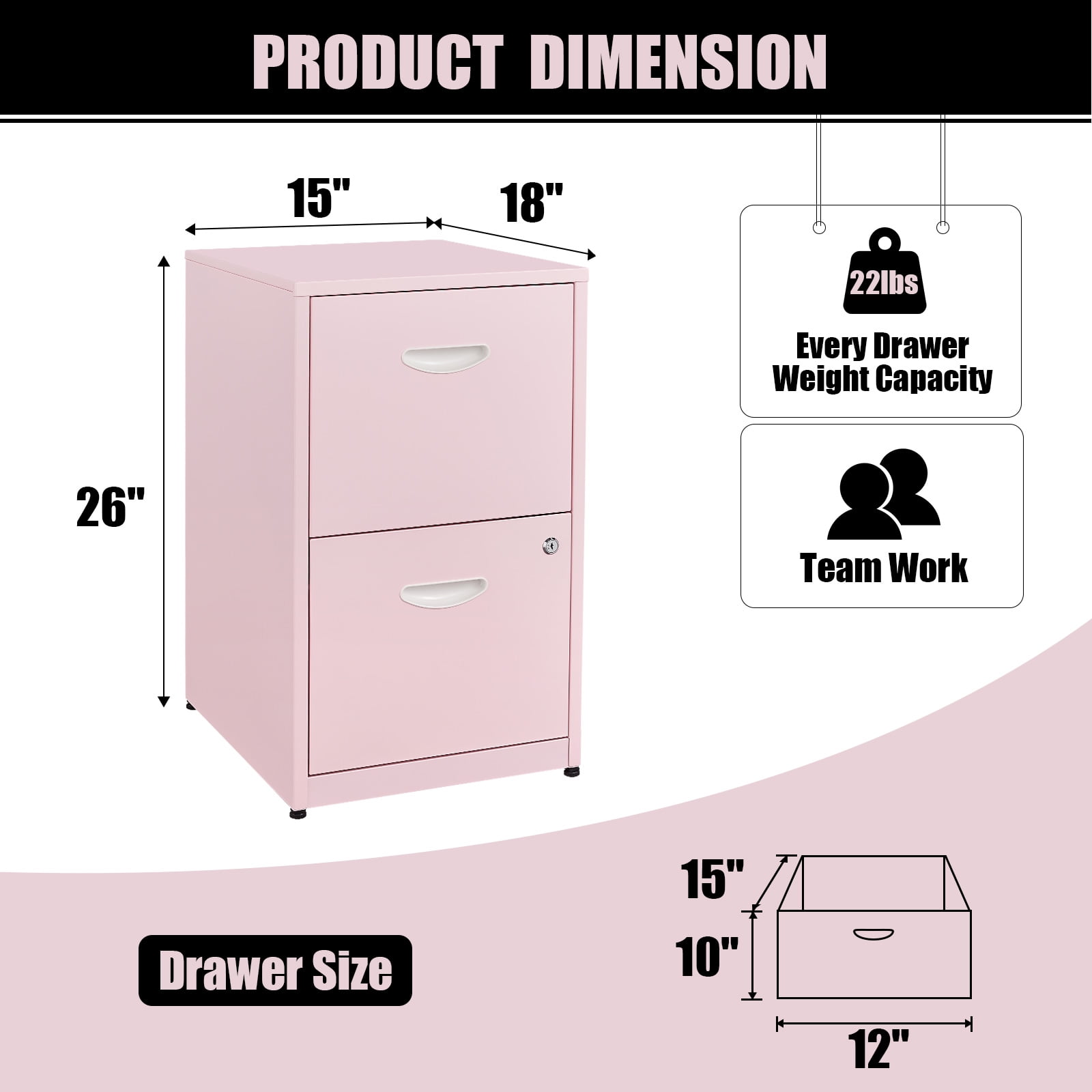 Polup 18"D 2 Drawer Office Vertical File Cabinet in Pink, Metal Filing Cabinets with Lock and Key