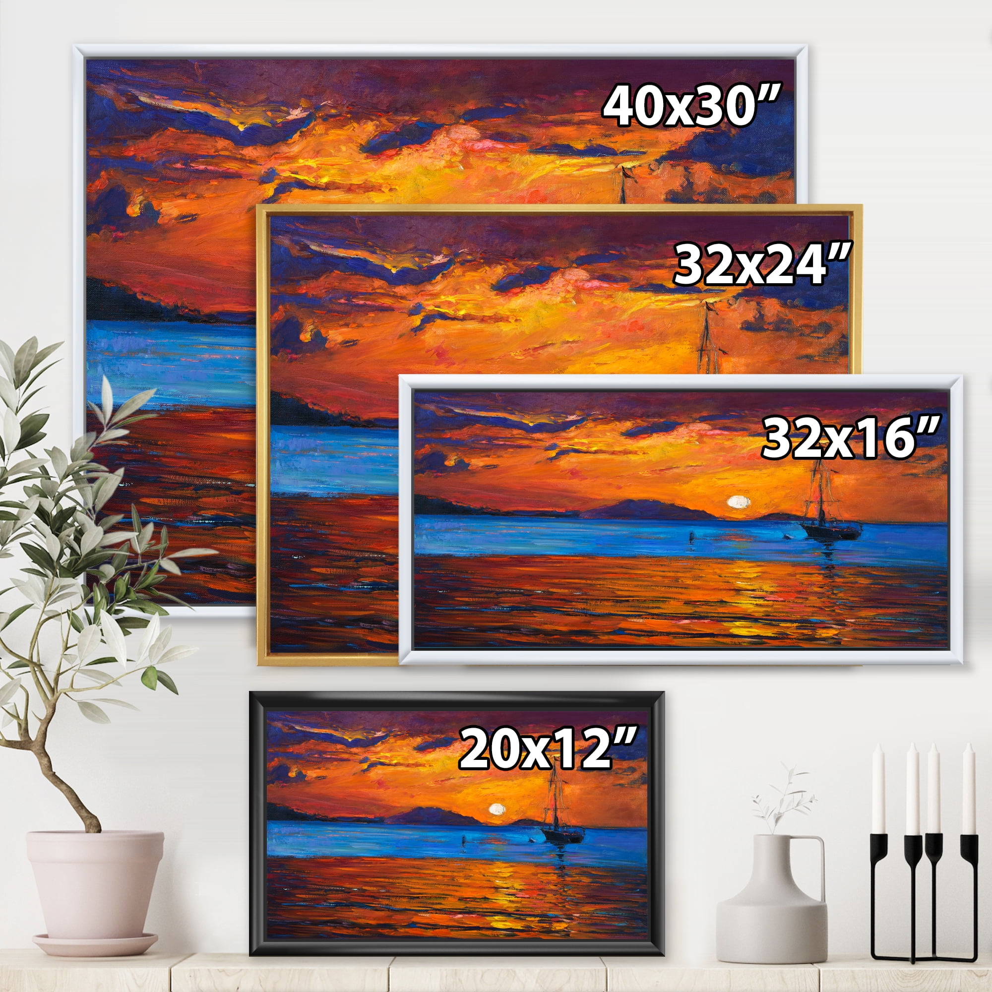 Designart 'Boat At The Lake During Evening Glow IX' Nautical & Coastal Framed Canvas Wall Art Print