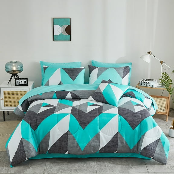 Teal Comforter Set with Sheets Lightweight Geometric Comforter Queen/King Size Bed in a Bag Geometric Chevron Bed Set Bedroom Decor Aesthetic Grey and Turquoise Comforter Set with 1 Geometric Comfor