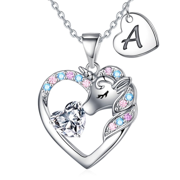Turandoss Gifts for GirlsInitial A Heart Unicorn Cz Necklace for Girls Kids Jewelry Unicorn Gift Initial Necklace 3 4 5 6 7 8 9 10 11 12 13 14 15 16 Year Old Tween Teen Teenage Girl Birthday Gifts
