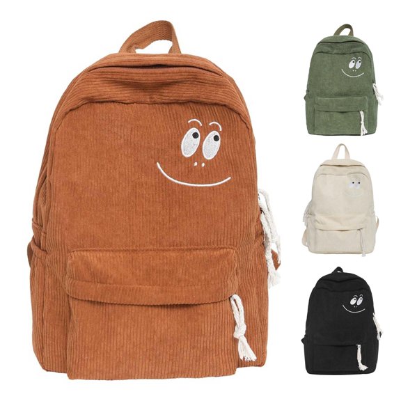 CUZIBR Corduroy Casual Backpack Cute Pattern Embroidery Adjustable Shoulder Strap Large Capacity Multi Pocket Daypack For Teen Girls College School Daily Commute Weekend Travel