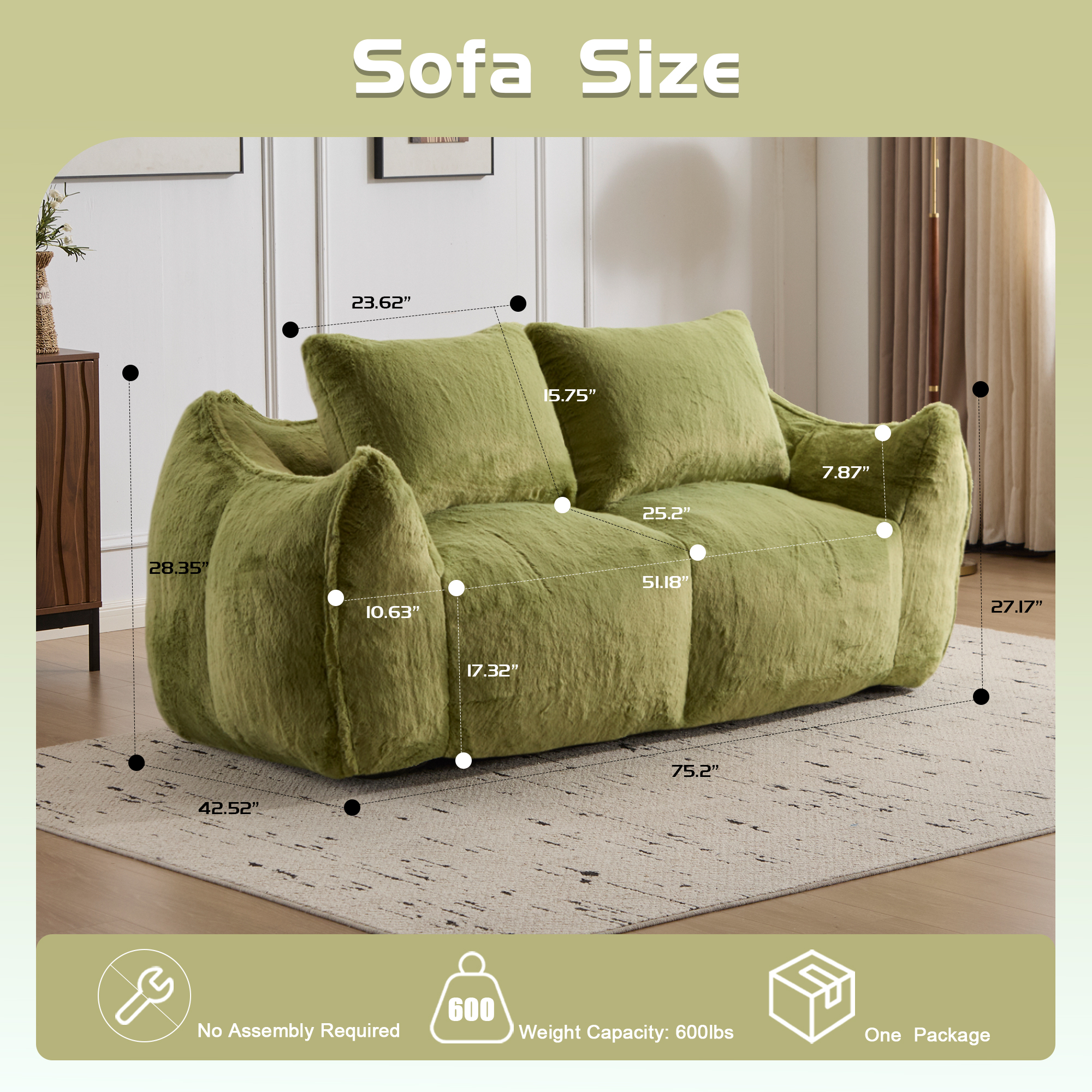 Aukfa Faux Fur Loveseat, 25" Deep Seat Giant Bean Bag Sofa for Living Room, Green
