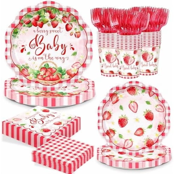 150pcs Strawberry Baby Shower Plates Napkins Party Supplis Disposable Paper Cups Red Forks A Berry Sweet Baby is on the Way Decorations Tableware Set for Girls Party Decor Serves 25 Guests$$