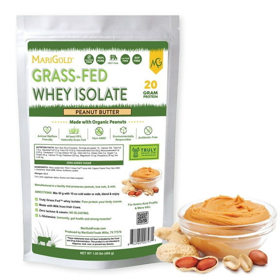 MariGold Peanut Butter Grass-Fed Whey Isolate Protein Powder 1LB - Cold Processed, Undenatured, Non-GMO, rBGH Free, Soy Free, Gluten Free