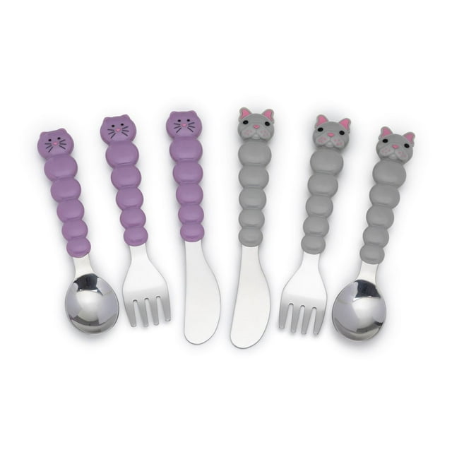 Melii Stainless Steel Spoon, Fork and Training Knife Set for Kids, 6 piece Set, Cat and Bulldog