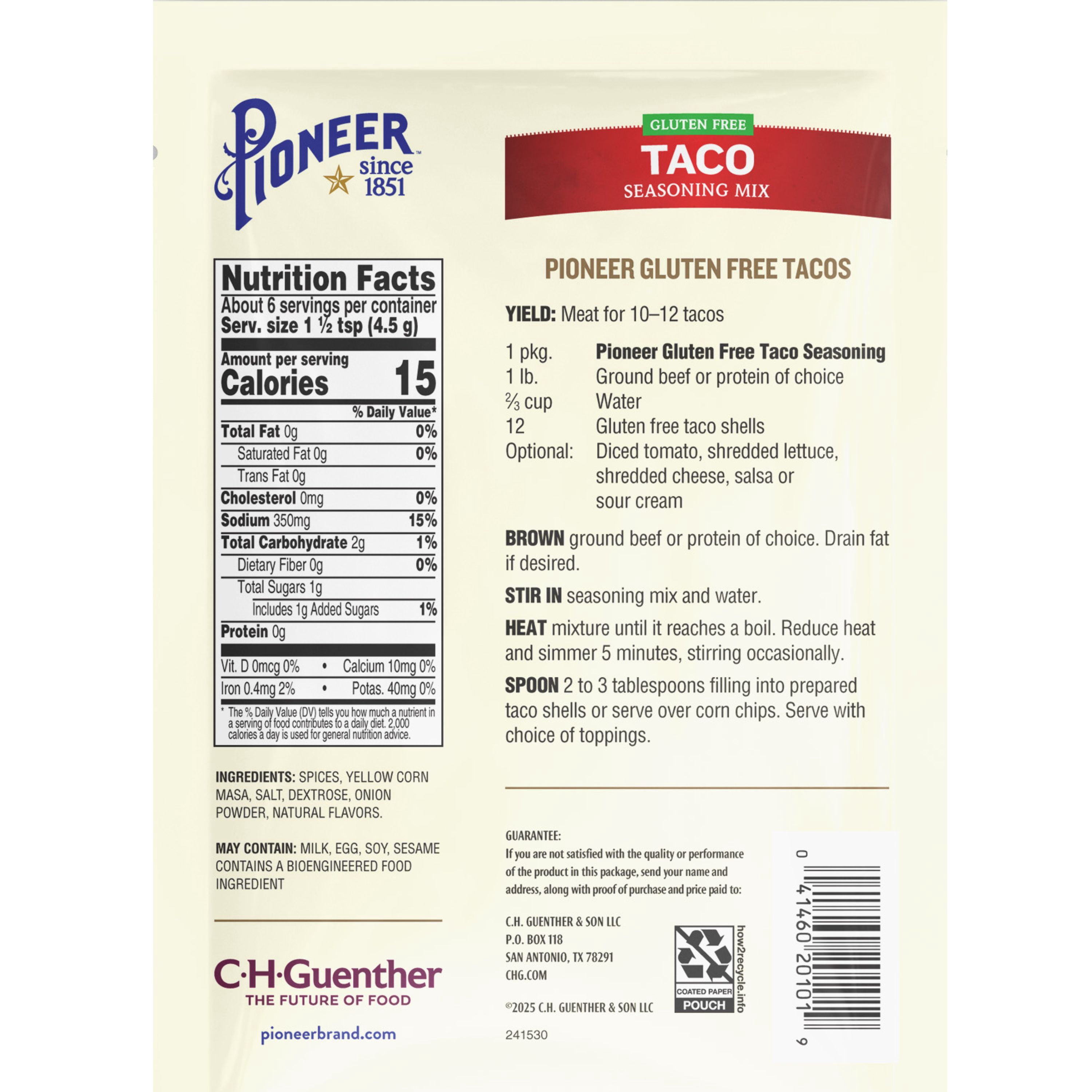 (12 pack) Pioneer Brand Gluten Free Taco Seasoning - 1 oz