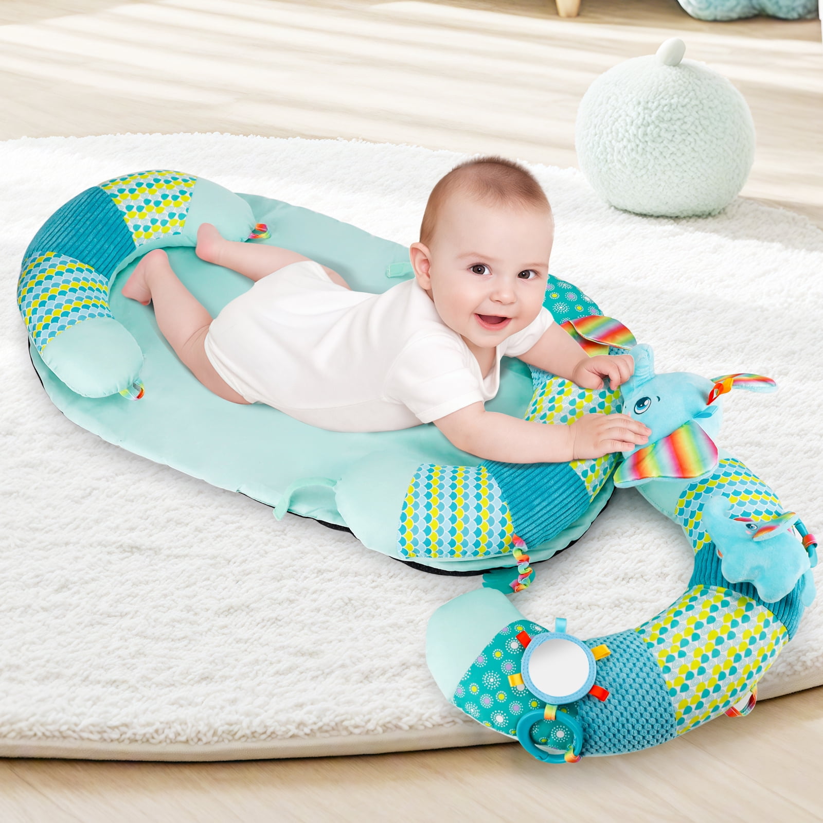 Blublu Park Sit Me Up Floor Seat with Detachable Support Pillow for Infant, 3-in-1 Tummy Time Mat and Baby Lounger to Prevent Reflux, Portable Playmat for Newborn Boys and Girls (Blue)