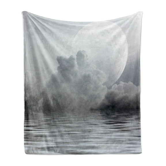 Moon Soft Flannel Fleece Throw Blanket, Misty Air in the Ocean Monochrome Picture with Full Moon Natural Imagery, Cozy Plush for Indoor and Outdoor Use, 50" x 70", Black Pale Grey White, by Ambesonne