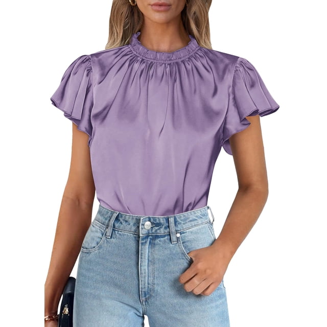 Blusa de Mujer PRETTYGARDEN de Satén con Mangas con Volantes Morada Talle M