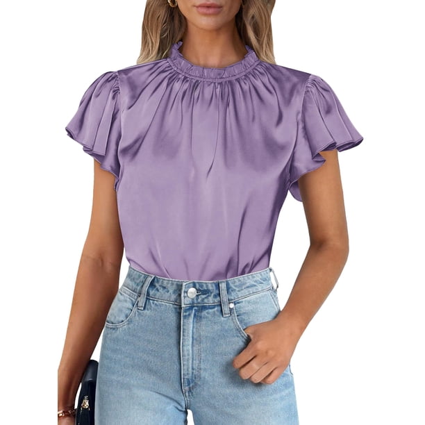 Blusa Morada de Satén con Volantes para Mujer PRETTYGARDEN Talla XXL