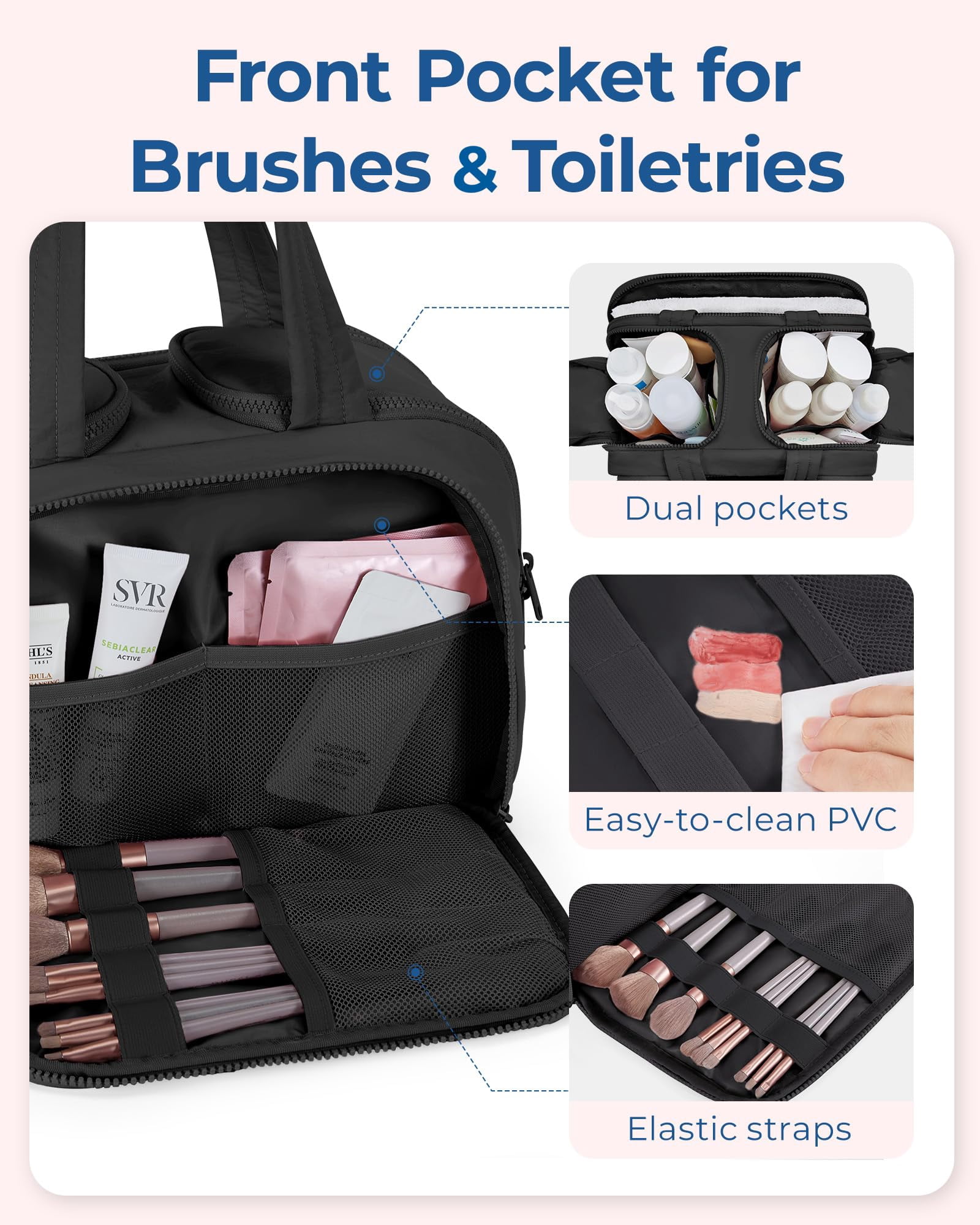 BAGSMART Crush Toiletry Bag for Travel, Lightweight Large Wide-open Travel Bag for Women, Puffy Cosmetic Makeup Bag Organizer with Handle for Accessories,Essentials, Toiletries, Black