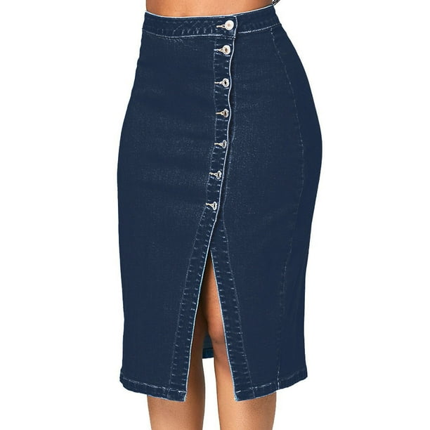 Knee high denim skirts discount
