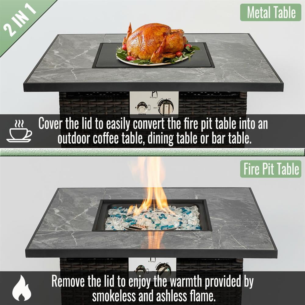 Topcobe Propane Gas Fire Pit Table, Outdoor Brown Wicker Base Fireplace, 50000 BTU Square Pit with Tiled Tabletop for Patio, Deck, Garden & Courtyard