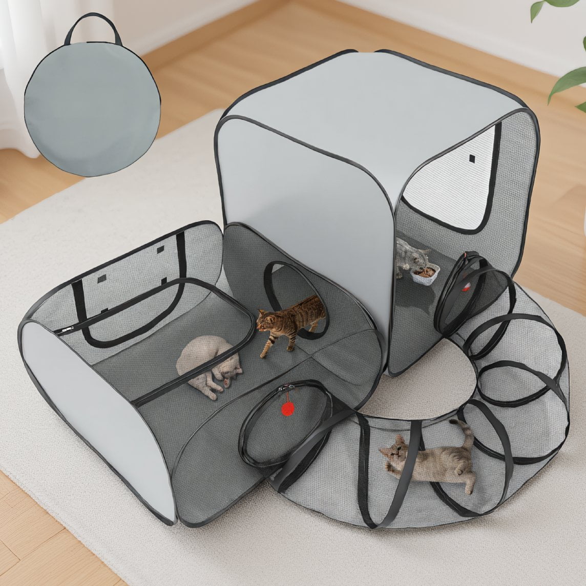 1-Pack -Up Playpen 3-in-1 Outdoor Enclosure with 2 Rooms Tunnel Panels Carry Bag Gray