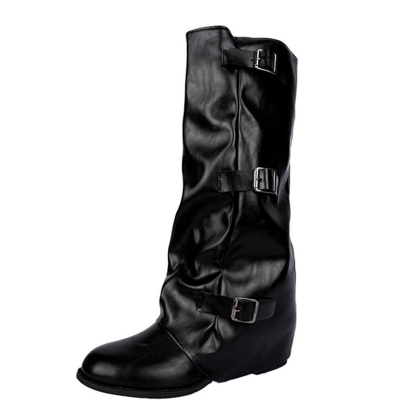 Women's Mid-Calf Boots Knight Boots Round Toe Belt Buckle Square Heel Slouchy Fashion Boots
