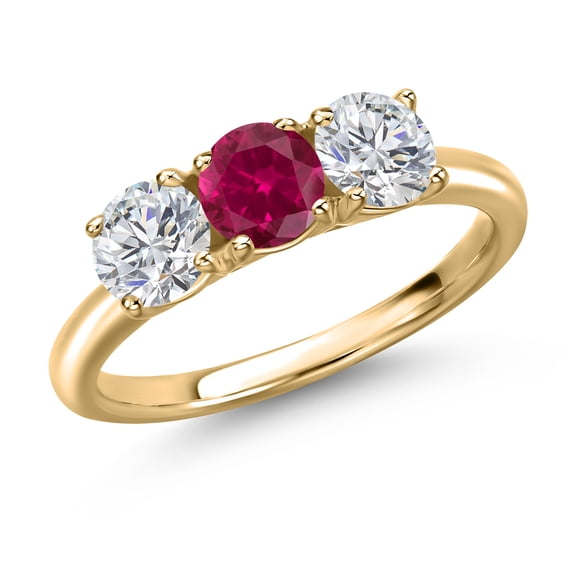 Gem Stone King 10K Yellow Gold Red Created Ruby and Lab Grown Diamond Engagement Ring for Women | 1.60 Cttw | Round 5MM | Gemstone July Birthstone | Size 7