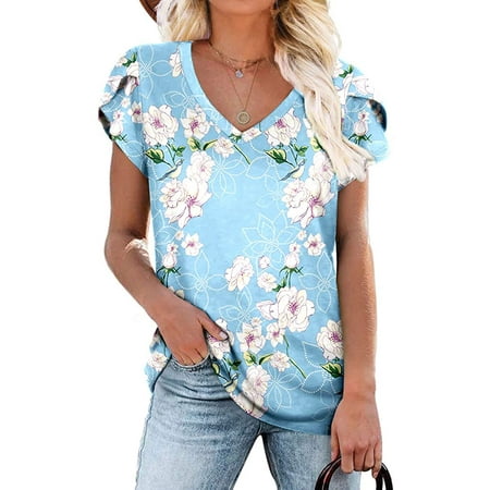 ANYJOIN Womens Summer Tunics Tops Short Sleeve Casual T-Shirts V Neck Lightweight Cute Blouse