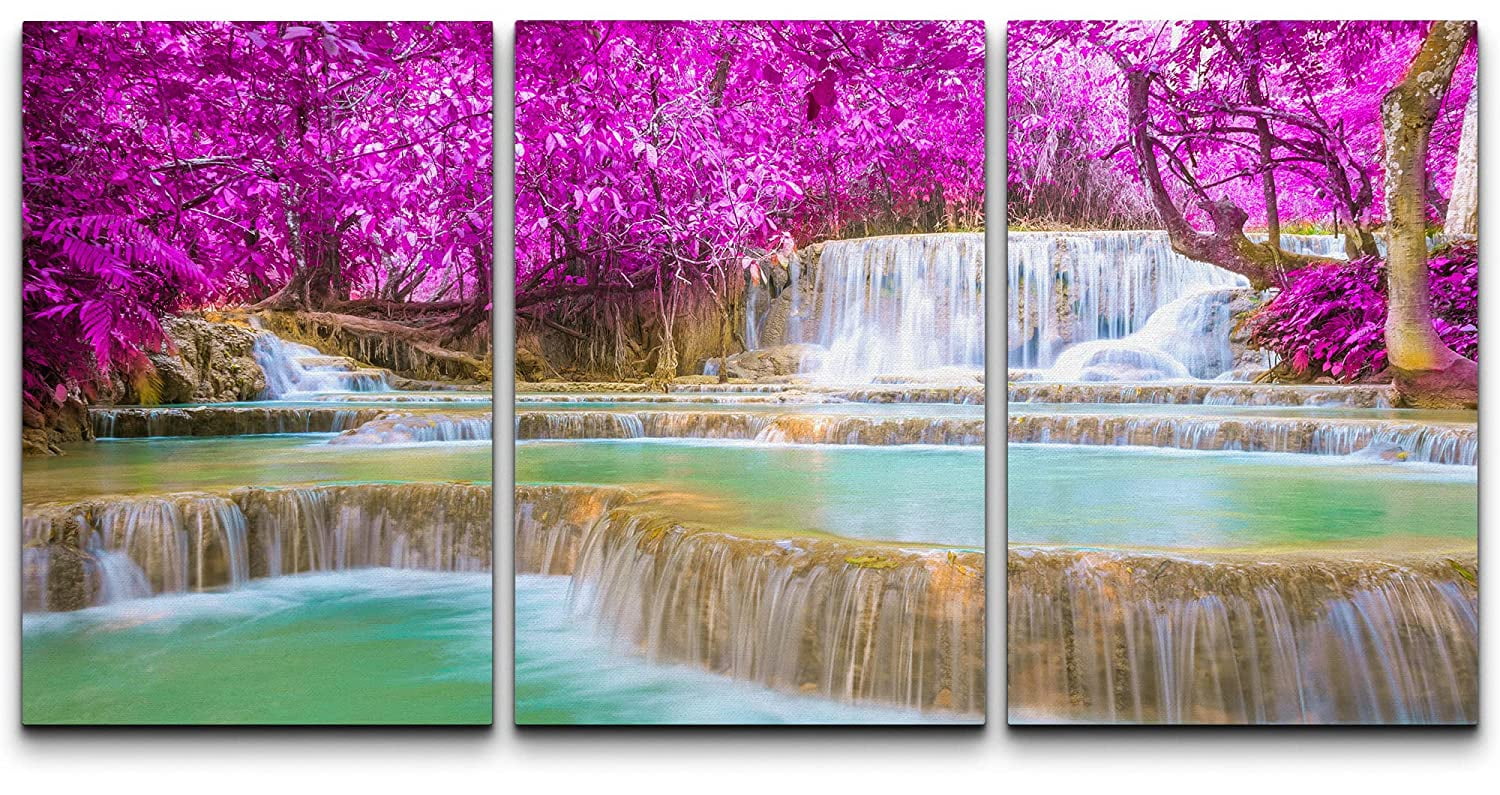 wall26 Canvas Print Wall Art Set Purple Spring Flower Tree Waterfall