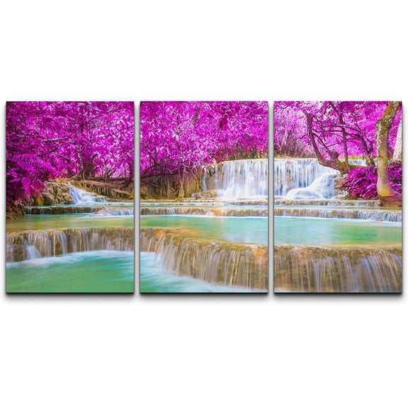 wall26 Canvas Print Wall Art Set Purple Spring Flower Tree Waterfall Rapid Nature Wilderness Photography Realism Rustic Landscape Colorful for Living Room, Bedroom, Office - 24"x36" x 3