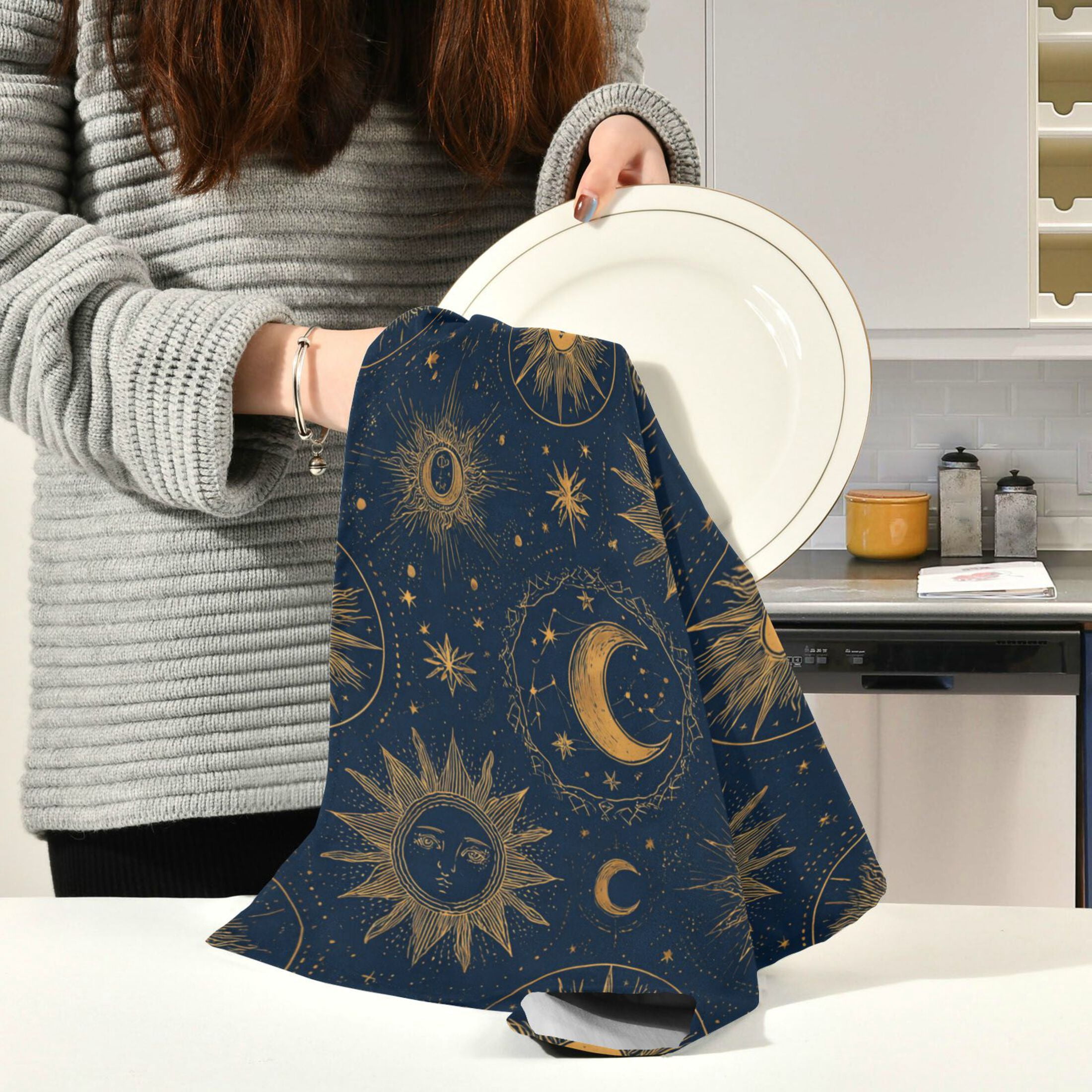 Qxltty Celestial Sun Moon Kitchen Towels 28 x 18 Inch Set of 6 Soft Cotton Linen Feel Dish Towels with Hanging Loop for Drying, Cleaning & Decor