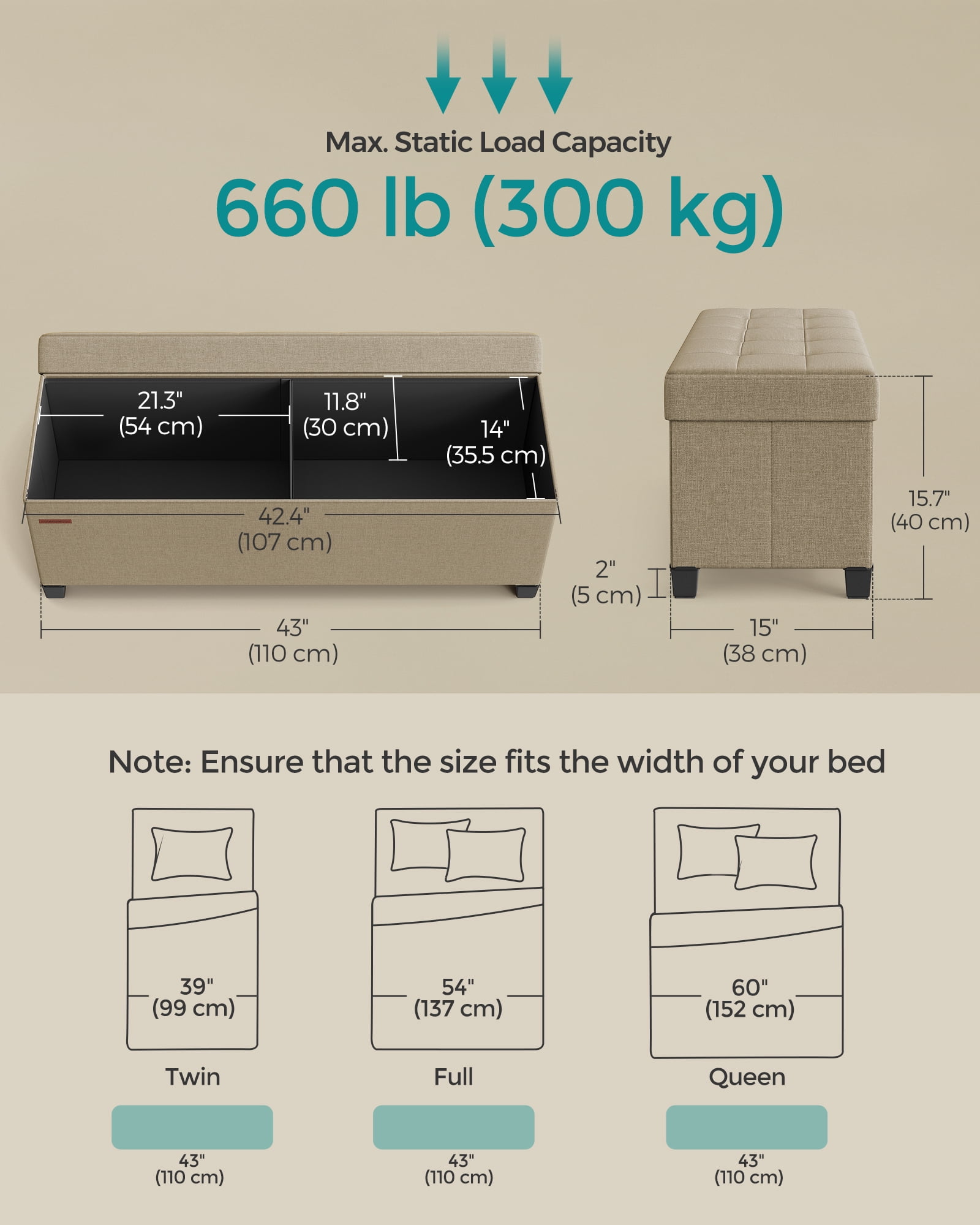 SONGMICS 43" Storage Ottoman Bench Foldable Ottoman with Storage Ottoman for Bedroom Living Room Camel Brown