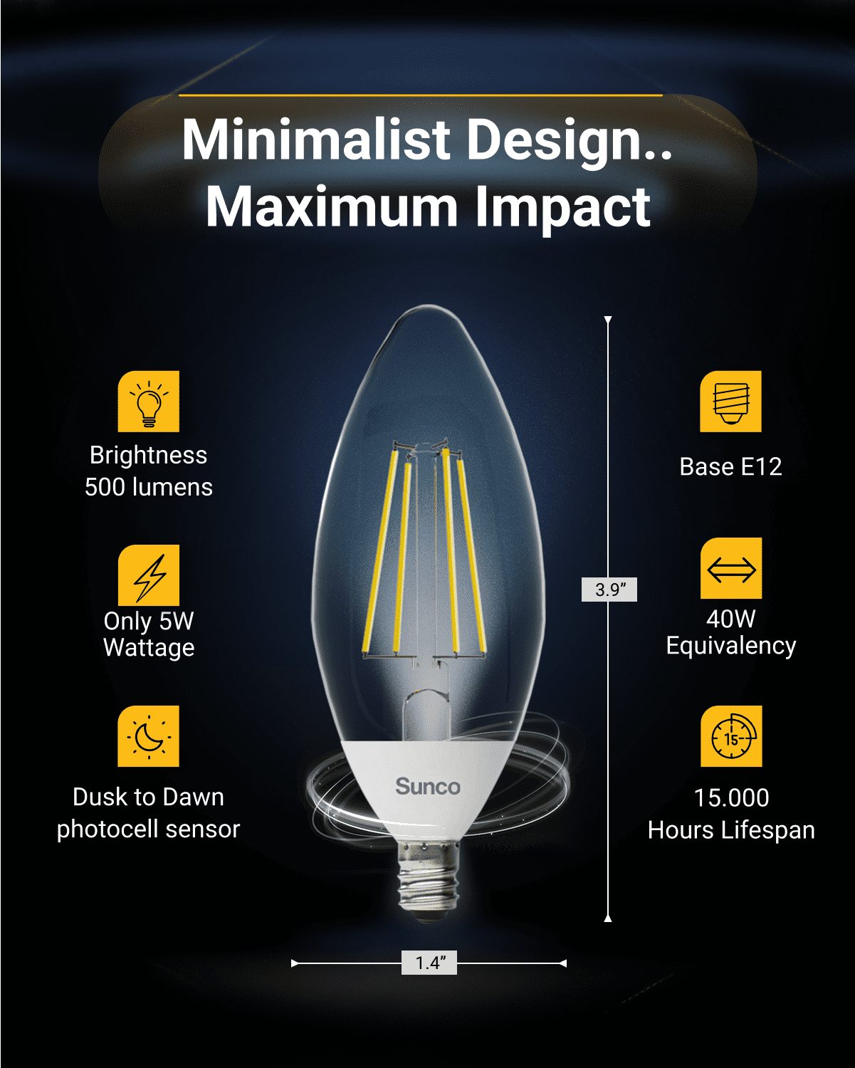 Sunco 6 Pack Dusk to Dawn LED Outdoor Light Bulb B11, Edison Filament Candelabra Bulbs for Porch Lighting, 500 LM, 5W (40W Equivalent), 3000K Warm White, E12 Base, Photocell Sensor UL