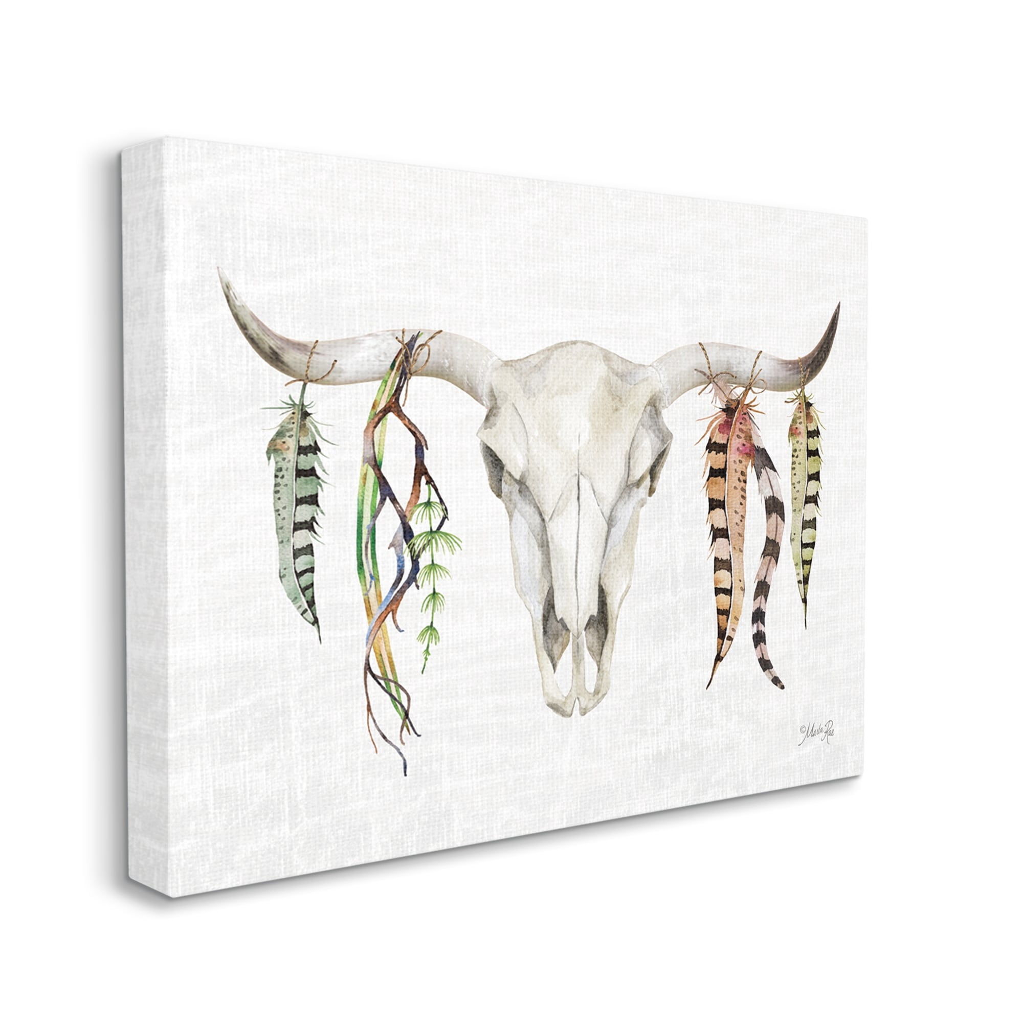 Stupell Industries Longhorn Animal Skull South Western Cattle Patterned Feathers,20 x 16, Design by Marla Rae