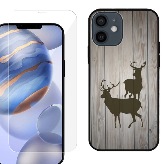 Slim-Fit Protective Phone Case (Black) compatible with iPhone 12 / iPhone 12 Pro, with Tempered Glass Screen Protector, by OneToughShield ® - Wood/Deer