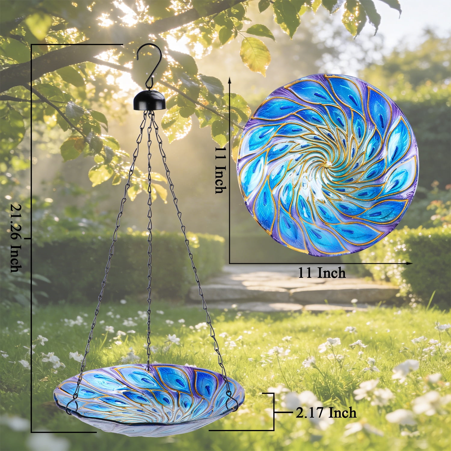 11 inch Hanging Bird Bath Glass BirdBath Peacock Outdoor Birdfeeder for Garden Yard Decoration