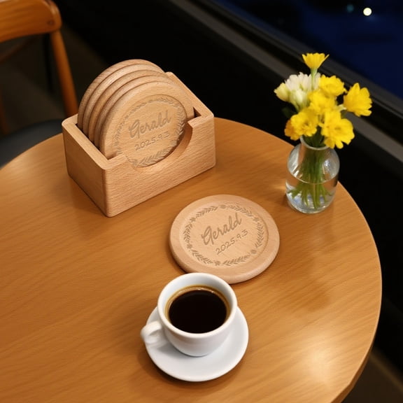 EclipseJewels Custom Personalized Wooden Coaster Set of 6 with Holder, Handmade Wedding Anniversary Family Housewarming Gift, Engraved Drink Cup Mat,A