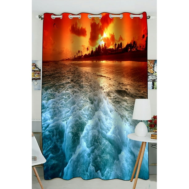 Phfzk Seascape Window Curtain, Great Sea Waves At Sunset Landscape