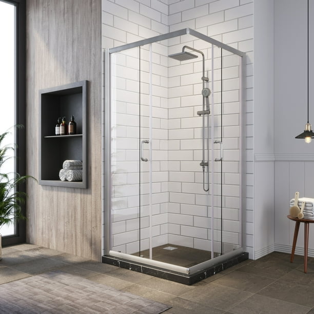 Sunny Shower Corner Enclosure 1 4 Inch Clear Glass Sliding Doors 36 X 72 Bath Door Brushed Nickel Finish, Brushed Nickel Sliding Shower Door