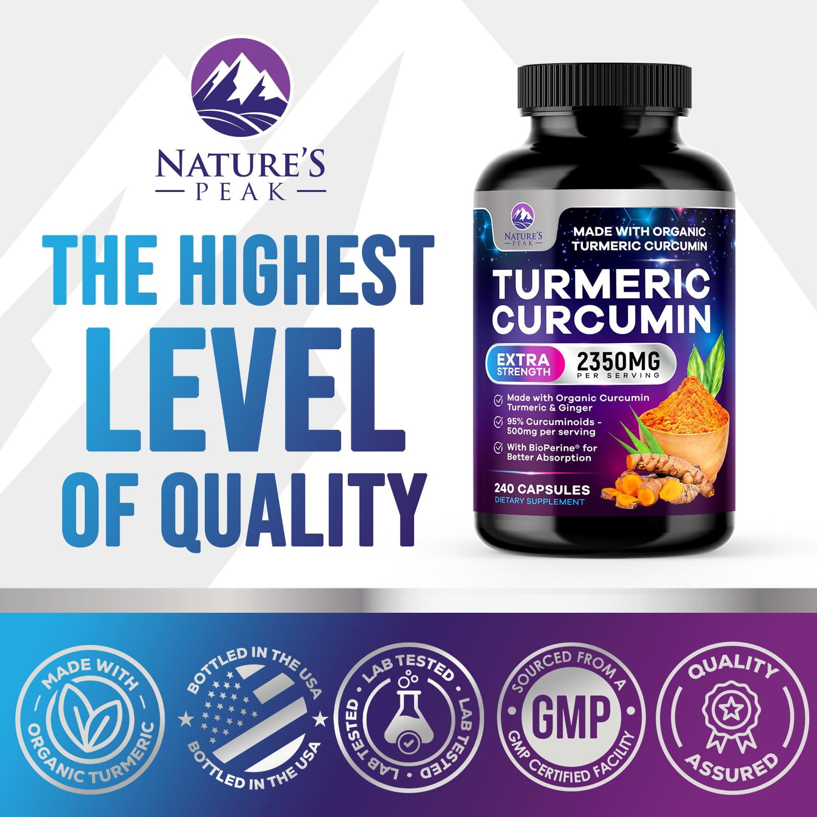 Turmeric Curcumin Supplement - 1750mg Organic Turmeric Per Serving - 95% Curcuminoids, Ginger & BioPerine Black Pepper for Best Absorption - Natural Vegan Joint Support, Bottled in USA - 240 Capsules