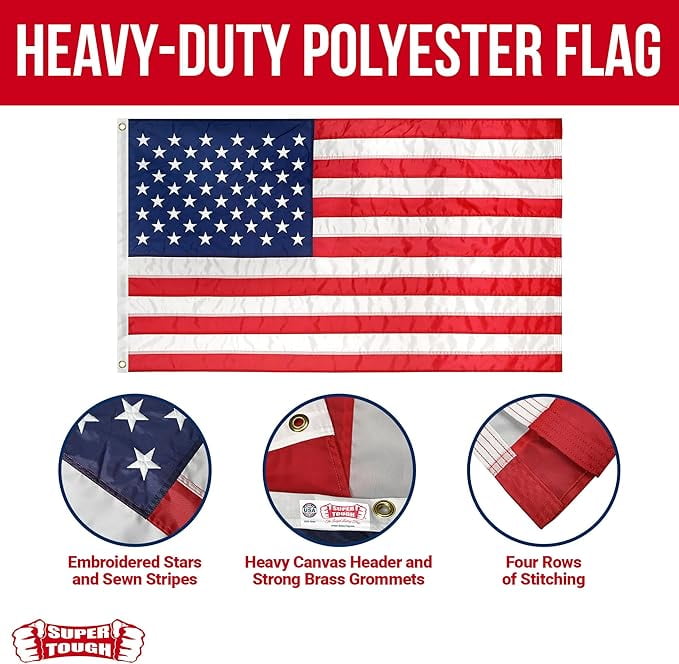 Super Tough 4Ft x 6Ft American Flag - Heavy Duty Polyester USA Flag with Embroidered Stars and Sewn Stripes Suitable for All Weather - Red/White/Blue
