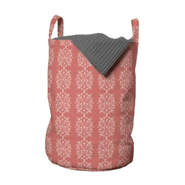 Abstract Laundry Bag, Continuous Vertically Arranged Vintage Flowers Motif on Monotone Backdrop, Basket with Handles Drawstring Closure for Laundromats, 13" x 19", Coral and White, by Ambesonne
