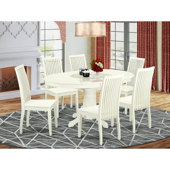 7 Piece Dining Set - Round Table & 6 Chairs - Linen White - Kitchen Dining Room Furniture