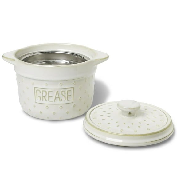18 Oz Bacon Grease Container with Strainer, Ceramic Frying Oil Container Keeper for Kitchen, Easy-Grip Handle,Dishwasher Safe, Vintage White