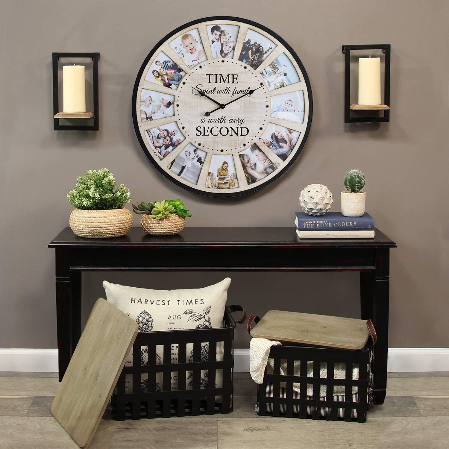 MODE HOME Rustic Farmhouse Wood Wall Clock with 12 Photo Collage, Large Oversized Wall Clock for Home, Kitchen, Living Room, Silent Battery Powered 24 inch Natural