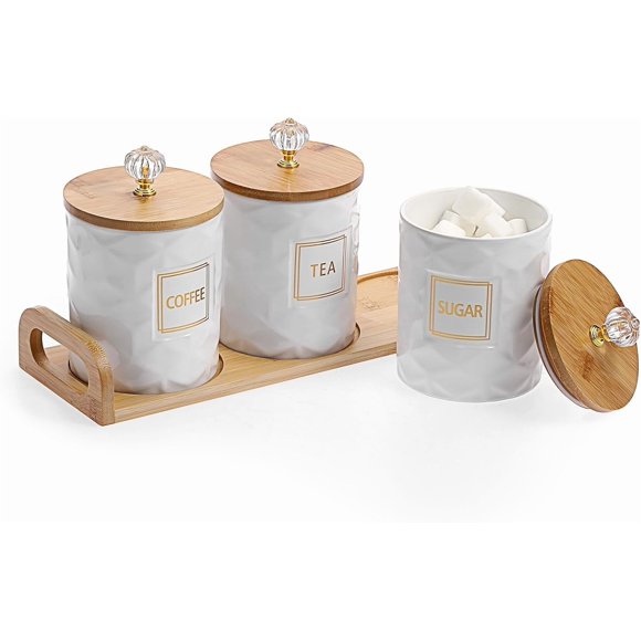 3 Pack Ceramic Canister Jars Set with Bamboo Lids and Wooden Tray, Coffee Sugar Tea Storage Canisters Food Storage Containers Pots Jars Airtight Kitchen Food Storage Jar for Countertop