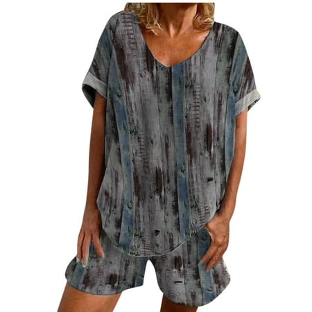

Womens Casual Summer 2 Piece Outfits Short Sleeve V Neck Tops with Shorts with Pockets Pajamas Sets PJs Lounge Suits