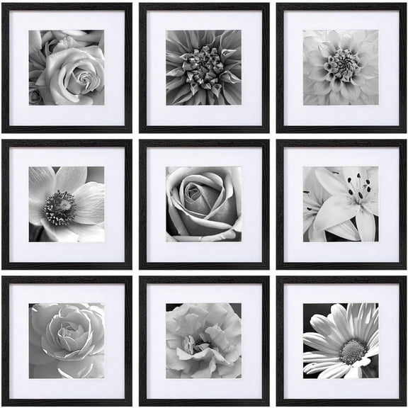 12x12 Picture Frames Set Of 9 Classic Gallery Wall Frame Set Displays 8x8 Photo With Mat Or 12x12 Without Mat Square Collage Wall Decor Black Home Decor For Hanging