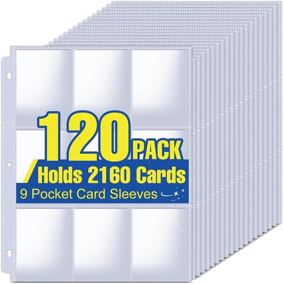 2160 Pockets Card Sleeves Binder Sheets, 9 Pocket Card Sleeves for 3 Ring Binde, Trading Cards Sleeves Fit for Baseball, Football, Game, Business Cards(120 Pages)